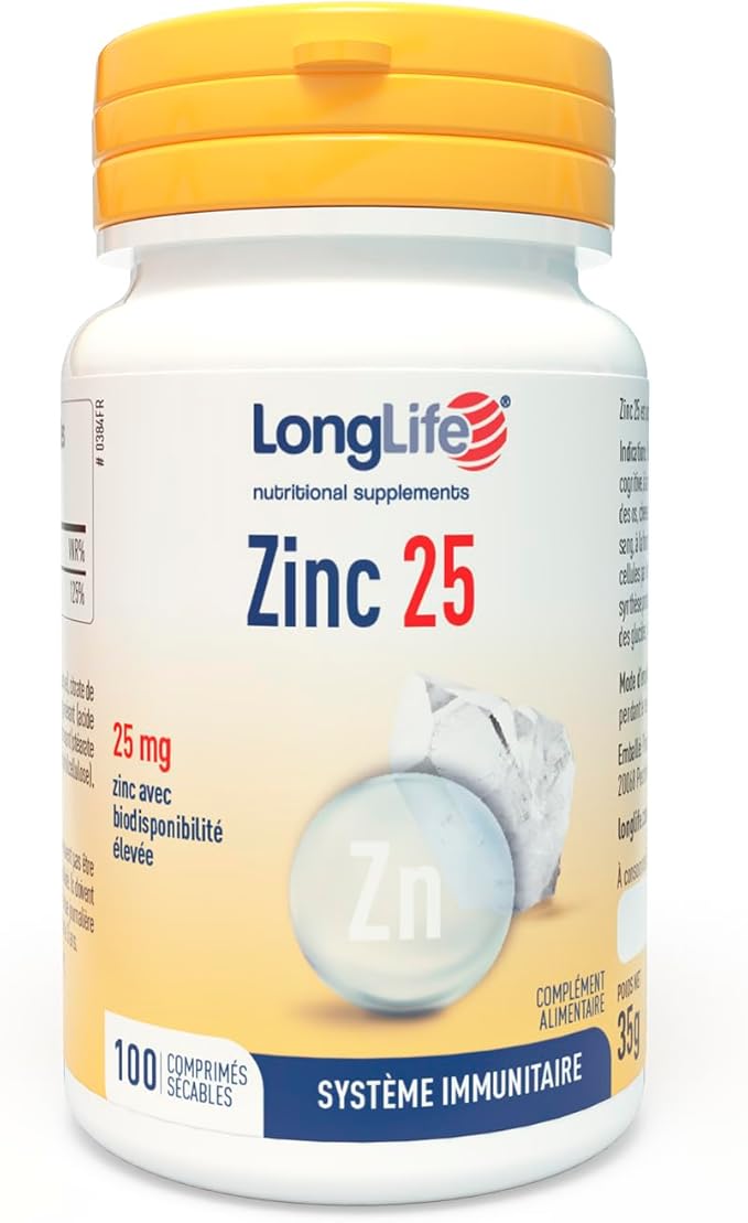 LongLife® Zinc 25 | Haut dosage 25mg zinc à biodisponibilité élevée | Plus de 100 jours de traitement | Défenses immunitaires, renforce peau et os | Végan et sans gluten