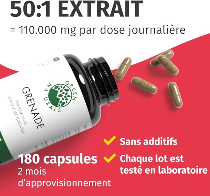 Extrait de Grenade - IMPORTANT: 50:1 extrait (=110.000mg) par dose journalière avec 40% d'acide ellagique - 100% Végétalien & Sans Additifs - Réserve pour 2 mois