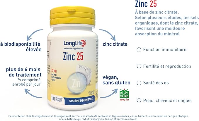 LongLife® Zinc 25 | Haut dosage 25mg zinc à biodisponibilité élevée | Plus de 100 jours de traitement | Défenses immunitaires, renforce peau et os | Végan et sans gluten
