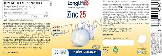 LongLife® Zinc 25 | Haut dosage 25mg zinc à biodisponibilité élevée | Plus de 100 jours de traitement | Défenses immunitaires, renforce peau et os | Végan et sans gluten