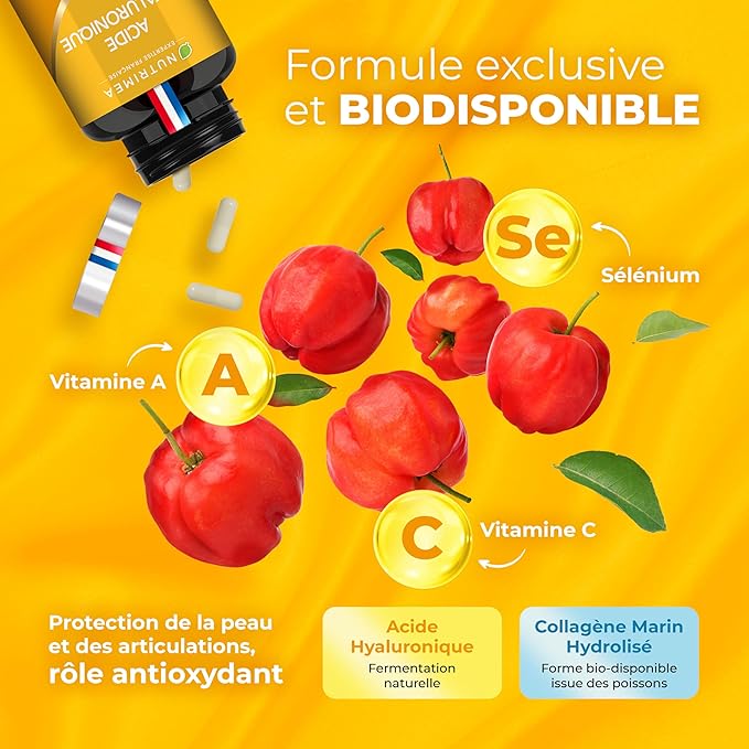 ACIDE HYALURONIQUE - Avec Collagène Marin - 100% Pur - Riche en Vitamines A & C - Anti Rides, Anti Age & Articulations - Agit en Profondeur - 60 Gélules Vegan - Nutrimea