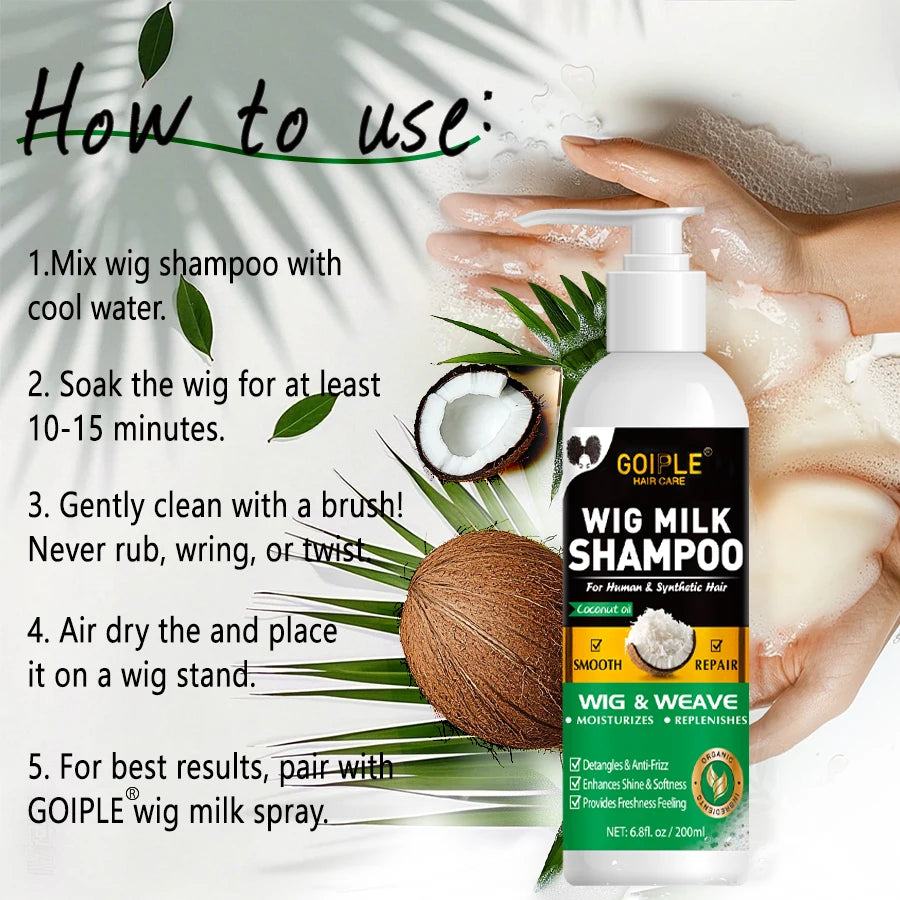 shampoing au lait Anti-frisottis, produit de soin capillaire adoucissant, perruque humaine et synthétique, nettoyage en profondeur, brillant hydratant, shampoing 2 en 1