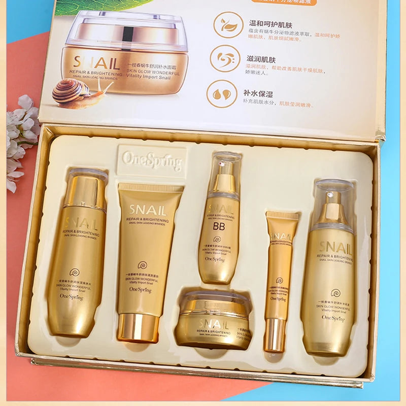 Ensemble de soins pour la peau du visage à l'escargot doré, crème blanchissante hydratante, toner, gratitude, crème pour les yeux, nettoyant, BB crème, kit de beauté coréenne, 6 pièces