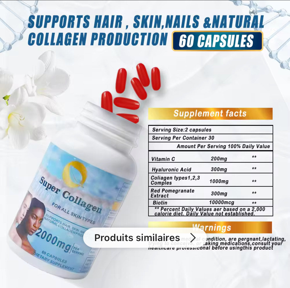 Super collagène acide hyaluronique poudre lot cheveux collagène capsule blanchissant la peau surabondance athion capsules