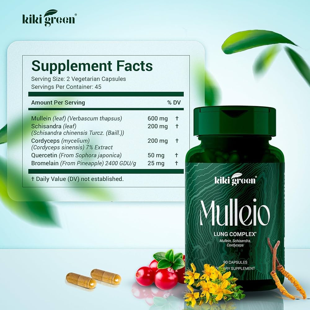 Capsules MULLEIO pour la santé pulmonaire, complément à base de plantes pour le nettoyage des poumons, l'amélioration de la fonction pulmonaire et le soutien respiratoire – Molène, Cordyceps,