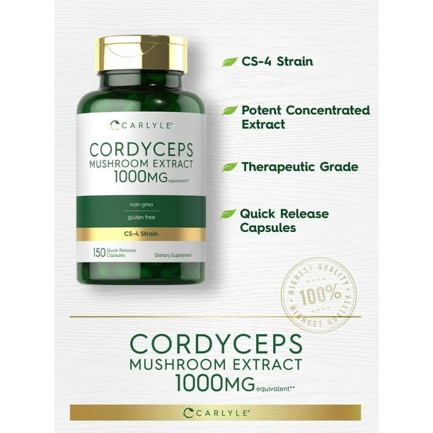 Capsules de champignon Cordyceps Carlyle 1000 mg | 150 capsules | Extrait de champignon souche CS-4 | Sans OGM ni gluten