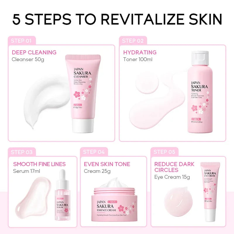 LAIKOU-Ensembles de soins de la peau Sakura, hydratant et réduisant les ridules, nettoyant les pores, produit coréen, ensemble de soins de la peau, 5 pièces