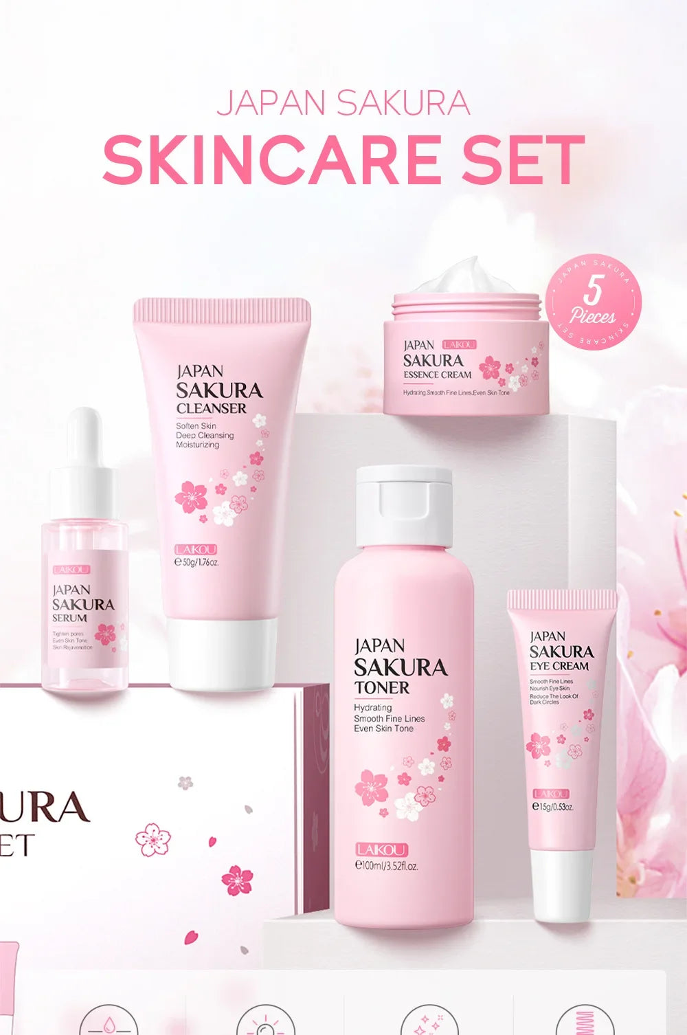 LAIKOU-Ensembles de soins de la peau Sakura, hydratant et réduisant les ridules, nettoyant les pores, produit coréen, ensemble de soins de la peau, 5 pièces