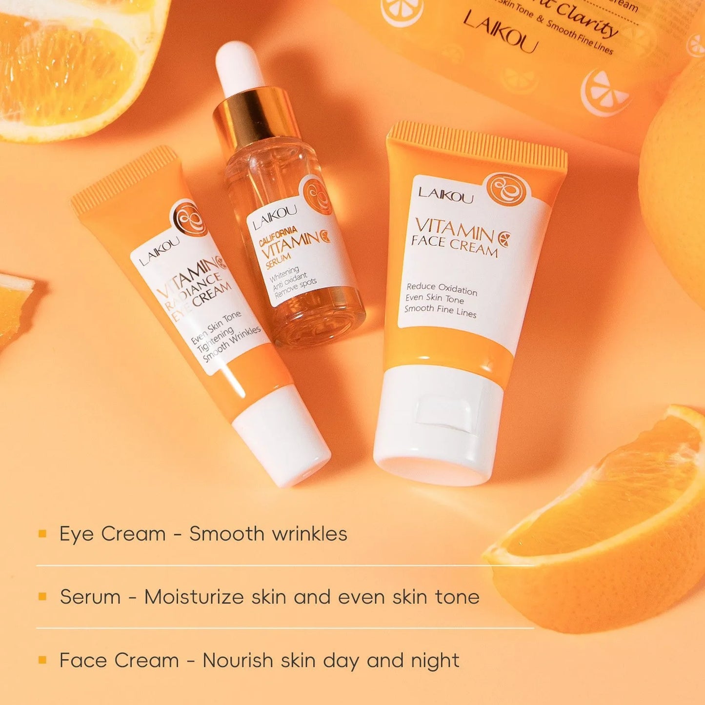 LAIKOU-Ensemble de produits de soins pour la peau, série vitamine C, crème pour les yeux et le visage, nettoyant, toner, essence, hydratant, 5 pièces