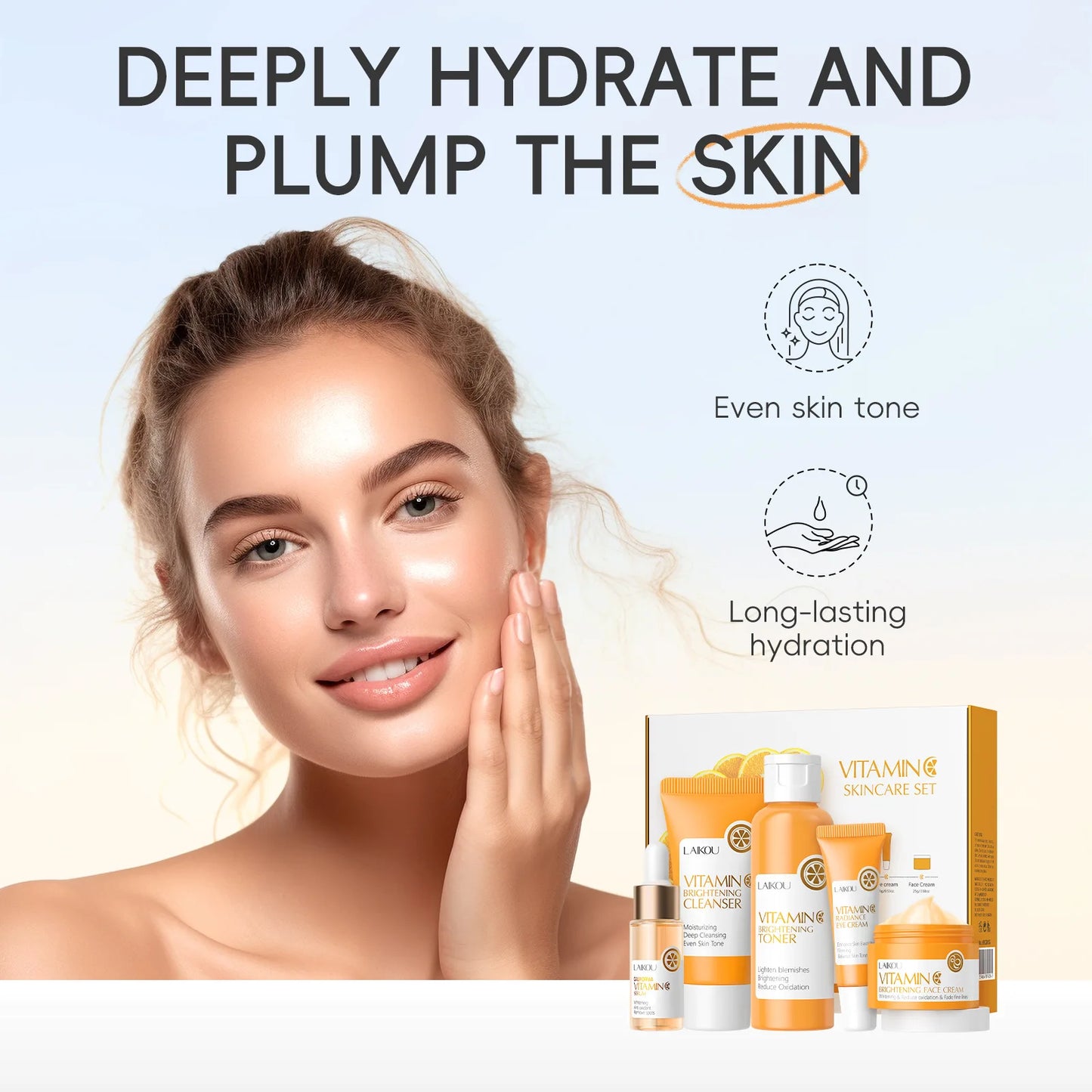 LAIKOU-Ensembles de soins de la peau à la vitamine C, crème pour le visage, nettoyant pour le visage, essence, toner, crème pour les yeux, hydratant, raffermissant, soins pour la peau, 5 pièces par boîte