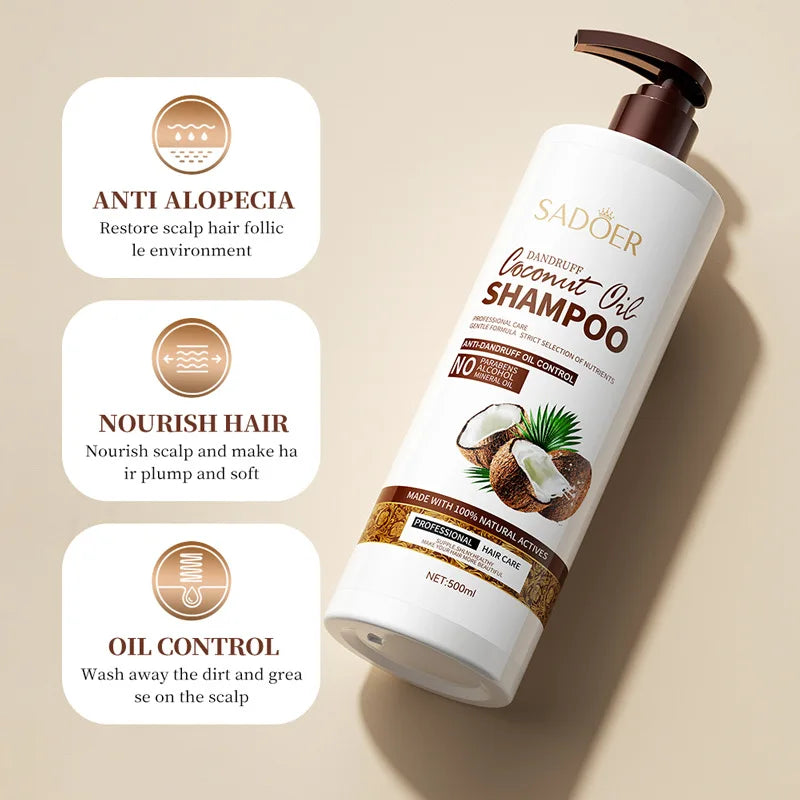SADOER Shampoing à la noix de coco 500 ml Nettoyant aux acides aminés pour cuir chevelu gras, lavage capillaire rafraîchissant et hydratant, formule sans sulfate et végétalienne