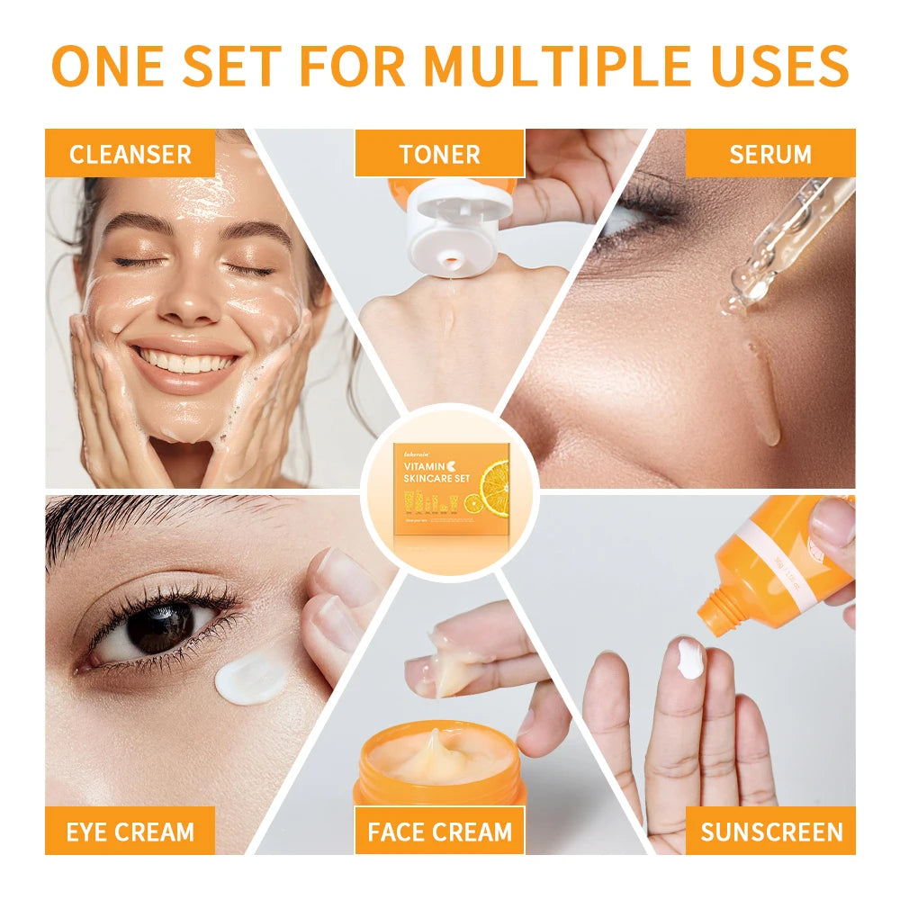 Ensemble de soins pour la peau à la vitamine C, nettoyage en profondeur, crème pour le visage, hydratante, Anti-rides, Kit de soins pour le visage, boîte cadeau, 6 pièces/ensemble