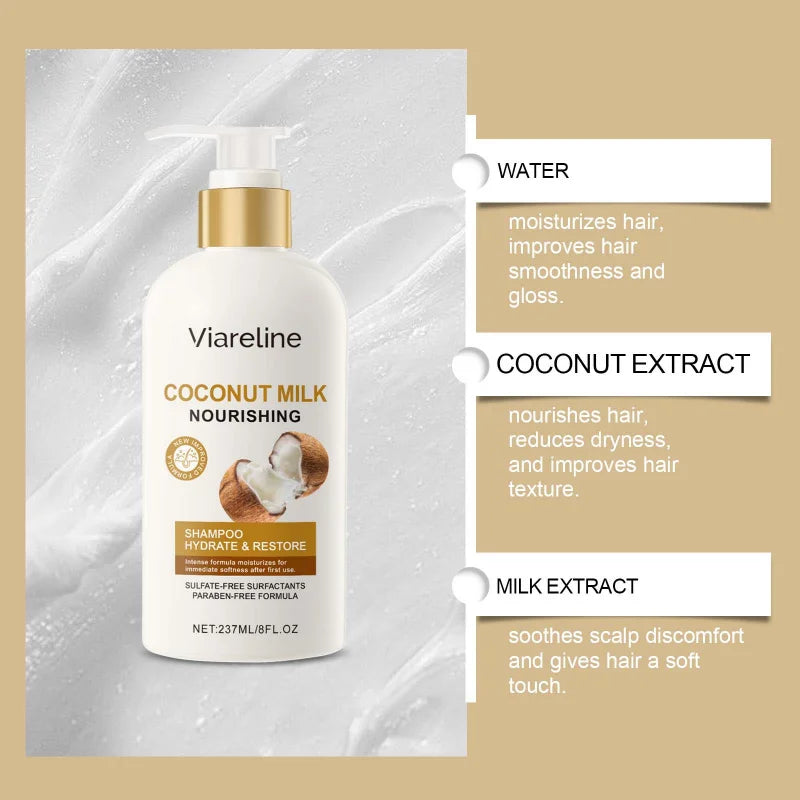 Shampoing au lait de coco pour cheveux secs et abîmés – Nourrissant et hydratant – Nettoyage doux pour cheveux doux et brillants – Sans sulfate