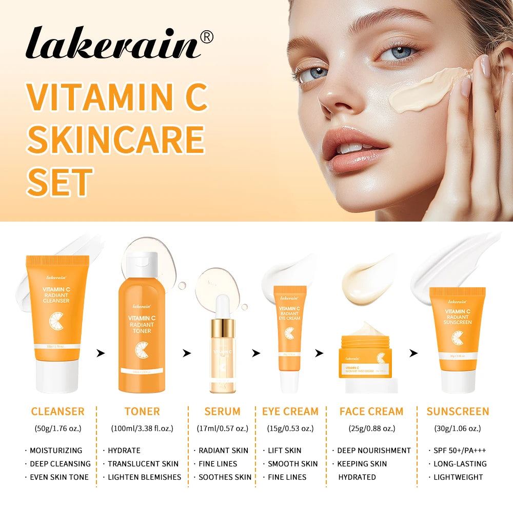 Ensemble de soins pour la peau à la vitamine C, nettoyage en profondeur, crème pour le visage, hydratante, Anti-rides, Kit de soins pour le visage, boîte cadeau, 6 pièces/ensemble