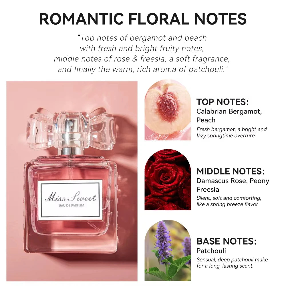 50ML 1.7FL.OZ Parfums longue durée pour femmes Notes florales romantiques Eau de Parfum pêche bergamote Rose Patchouli Parfum