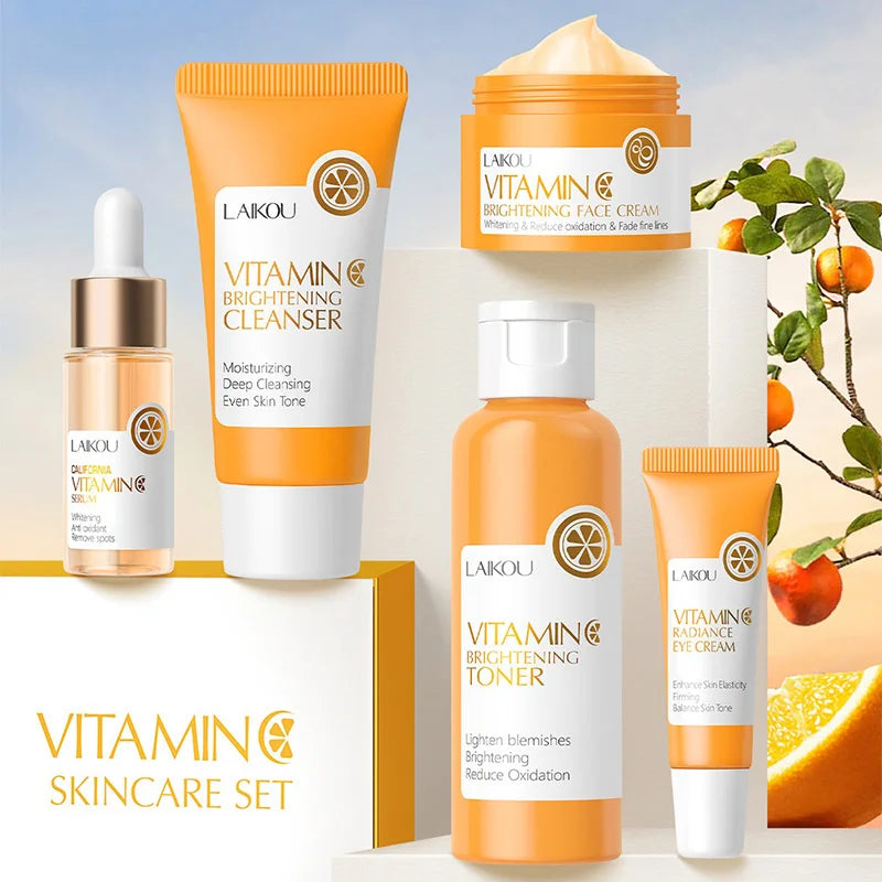 LAIKOU-Ensemble de produits de soins pour la peau, série vitamine C, crème pour les yeux et le visage, nettoyant, toner, essence, hydratant, 5 pièces