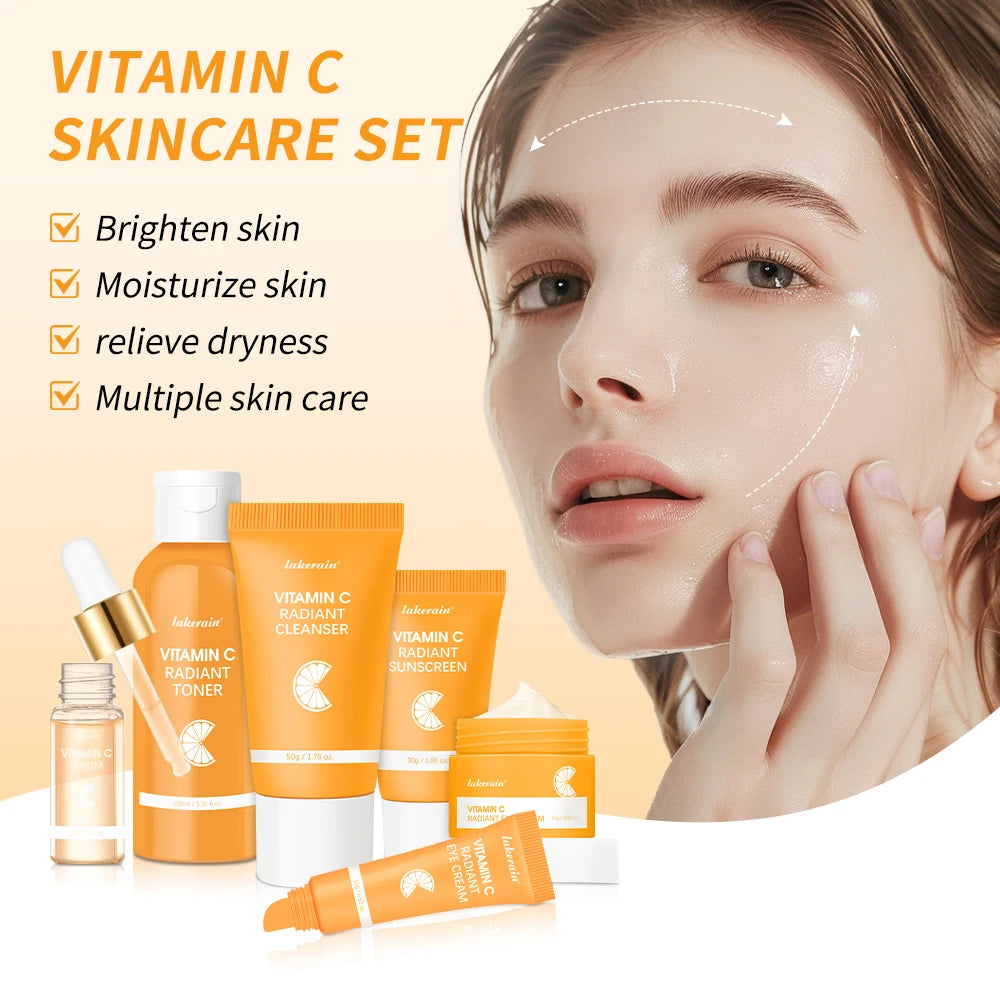 Ensemble de soins pour la peau à la vitamine C, nettoyage en profondeur, crème pour le visage, hydratante, Anti-rides, Kit de soins pour le visage, boîte cadeau, 6 pièces/ensemble