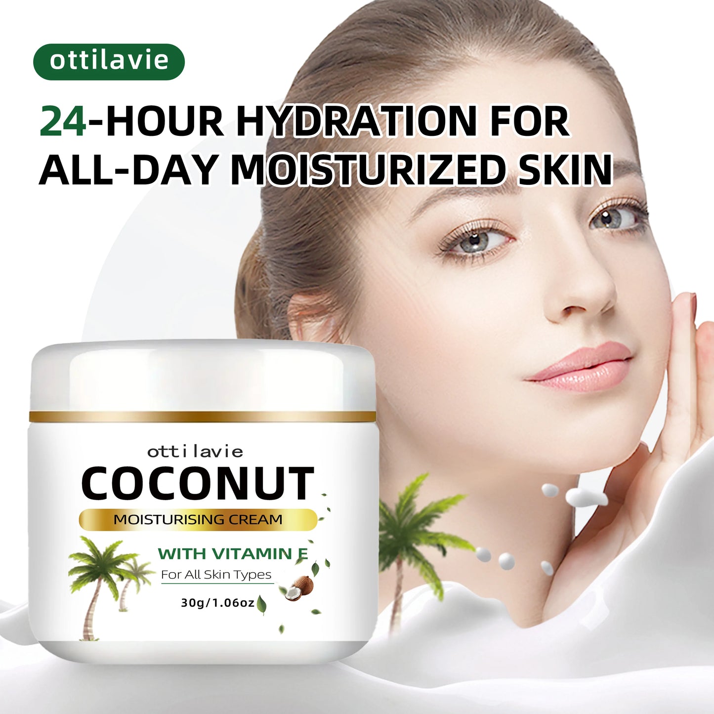 Crème hydratante de noix de coco 24 heures à la vitamine E + collagène | Hypoallergénique et tous types de peau | Extrait de noix de coco nourrissant