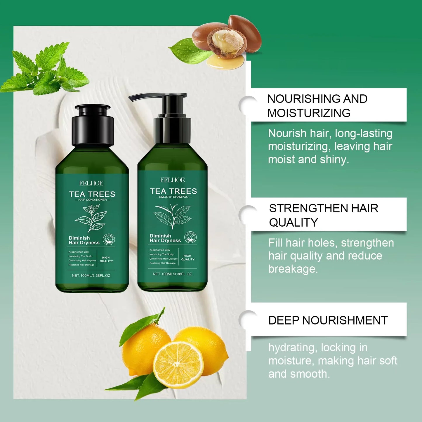 Ensemble de shampoing et après-shampooing, nettoyage en profondeur, hydratant, nourrissant, réparation, contrôle de l'huile sèche endommagée, soins capillaires pour arbre à thé