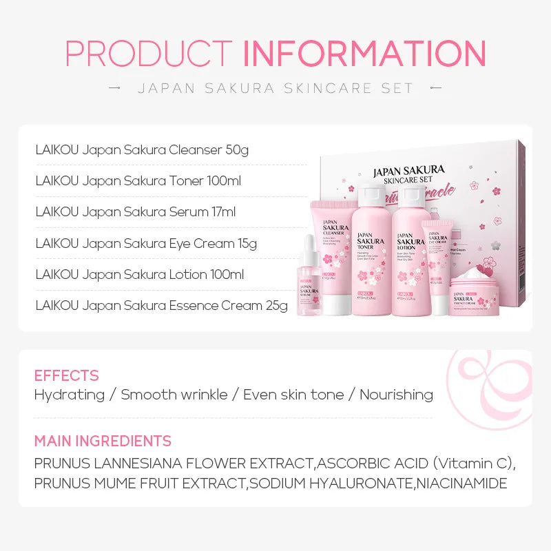 LAIKOU Sakura ensembles de soins de la peau nettoyant pour le visage crèmes pour les yeux crème pour le visage sérum Lotion Toner éclaircissant hydratant Kit de soins du visage
