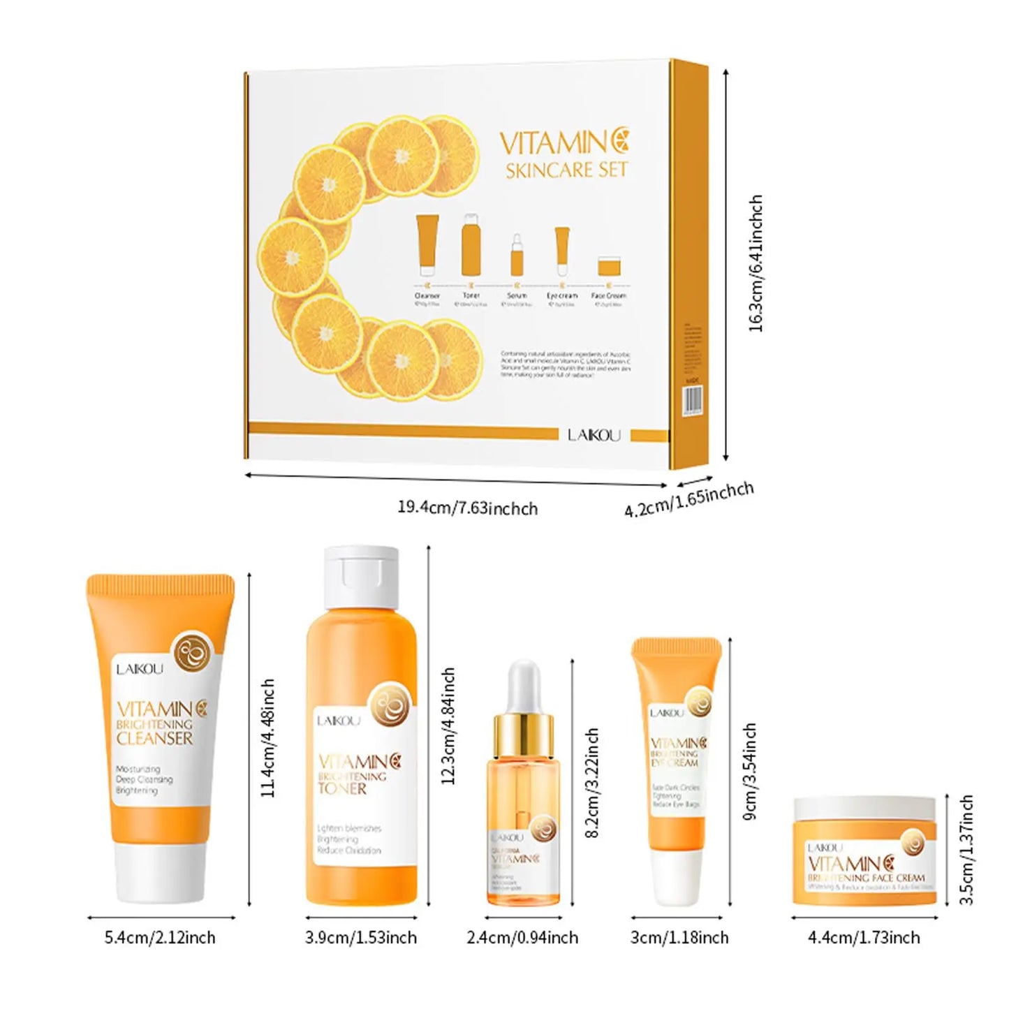 LAIKOU-Ensembles de soins de la peau à la vitamine C, crème pour le visage, nettoyant pour le visage, essence, toner, crème pour les yeux, hydratant, raffermissant, soins pour la peau, 5 pièces par boîte