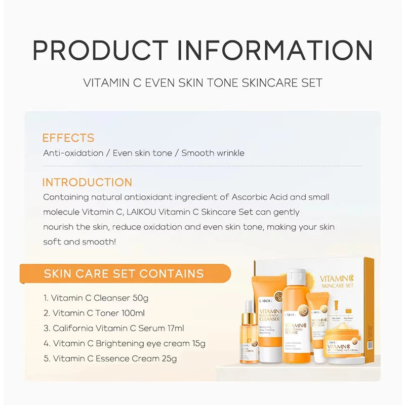 LAIKOU-Ensembles de soins de la peau à la vitamine C, crème pour le visage, nettoyant pour le visage, essence, toner, crème pour les yeux, hydratant, raffermissant, soins pour la peau, 5 pièces par boîte