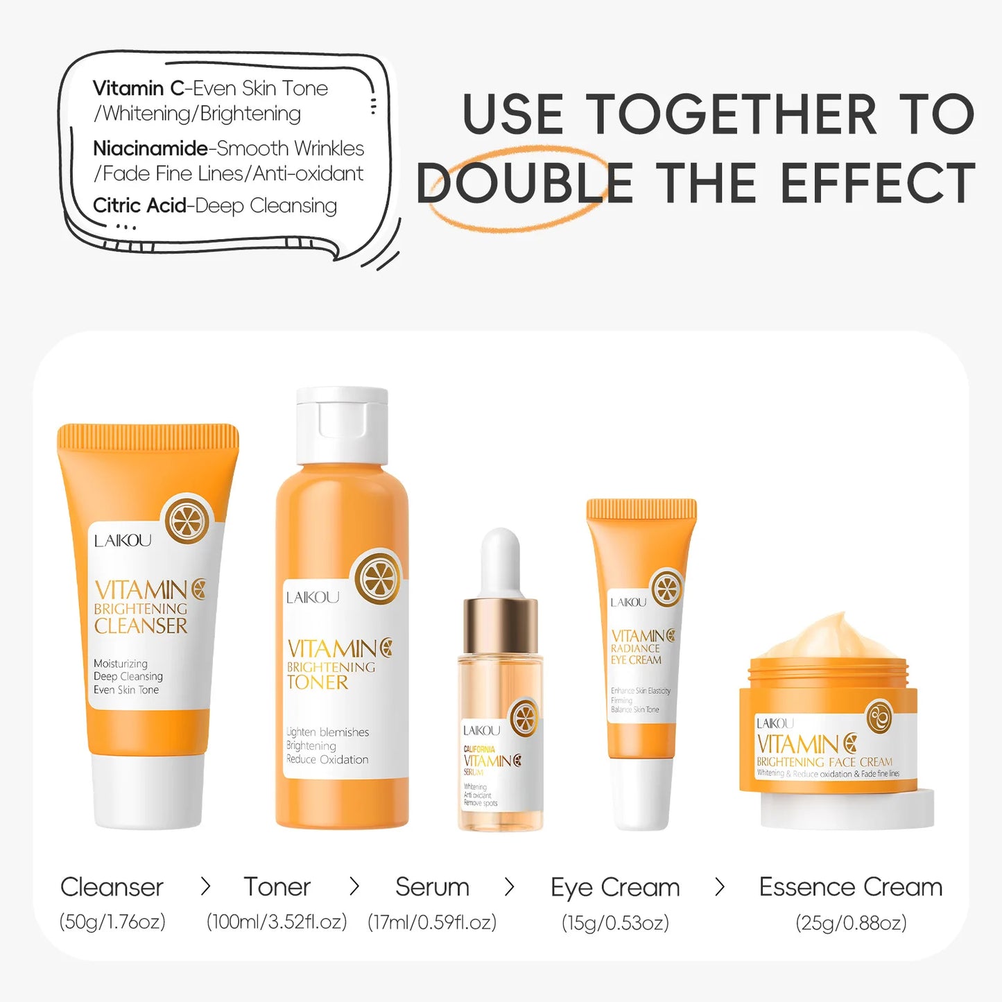 LAIKOU-Ensembles de soins de la peau à la vitamine C, crème pour le visage, nettoyant pour le visage, essence, toner, crème pour les yeux, hydratant, raffermissant, soins pour la peau, 5 pièces par boîte