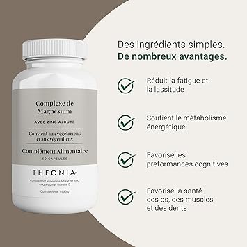 Complément alimentaire Complexe au Magnésium de Theonia à haute concentration 205 mg avec du zinc et de la vitamine D3 – Aide à la santé musculaire et osseuse - 60 gélules