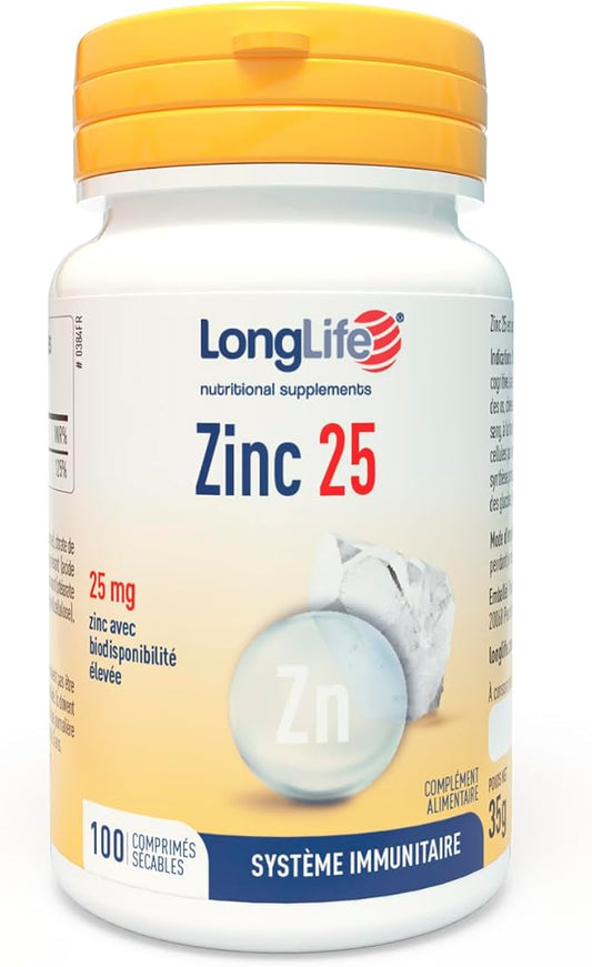 LongLife® Zinc 25 | Haut dosage 25mg zinc à biodisponibilité élevée | Plus de 100 jours de traitement | Défenses immunitaires, renforce peau et os | Végan et sans gluten