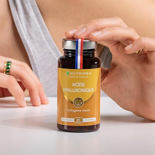 ACIDE HYALURONIQUE - Avec Collagène Marin - 100% Pur - Riche en Vitamines A & C - Anti Rides, Anti Age & Articulations - Agit en Profondeur - 60 Gélules Vegan - Nutrimea