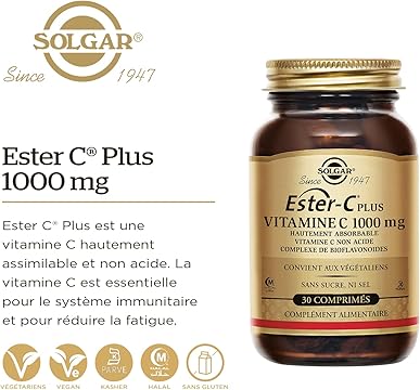 Solgar Ester-C® Plus 1000 mg - Défenses Immunitaires - Vitamine C - Antioxydants - Réduction de la fatigue - Immunité - Vitalité et énergie - Complément Alimentaire - Flacon de 30 comprimés