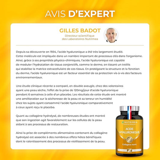 ACIDE HYALURONIQUE - Avec Collagène Marin - 100% Pur - Riche en Vitamines A & C - Anti Rides, Anti Age & Articulations - Agit en Profondeur - 60 Gélules Vegan - Nutrimea