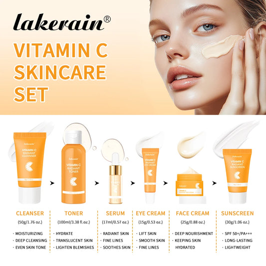 Ensemble de soins pour la peau à la vitamine C, nettoyage en profondeur, crème pour le visage, hydratante, Anti-rides, Kit de soins pour le visage, boîte cadeau, 6 pièces/ensemble
