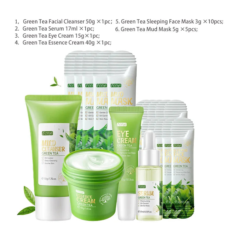 Kit de coffret cadeau thé vert rajeunissement de la peau Essence pour le visage crème pour le visage coréenne estompe les cernes crème pour les yeux produits de soins de la peau 19 pièces