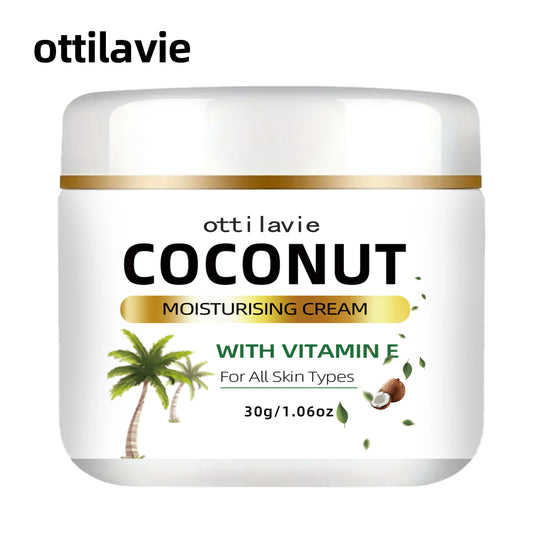 Crème hydratante de noix de coco 24 heures à la vitamine E + collagène |   Hypoallergénique et tous types de peau |   Extrait de noix de coco nourrissant