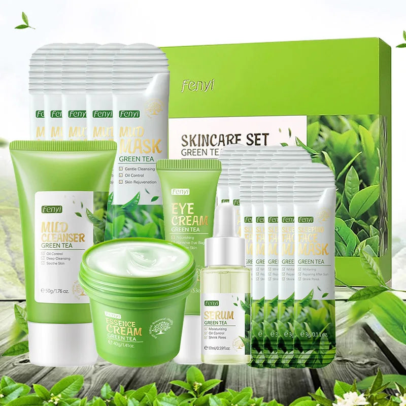 Kit de coffret cadeau thé vert rajeunissement de la peau Essence pour le visage crème pour le visage coréenne estompe les cernes crème pour les yeux produits de soins de la peau 19 pièces