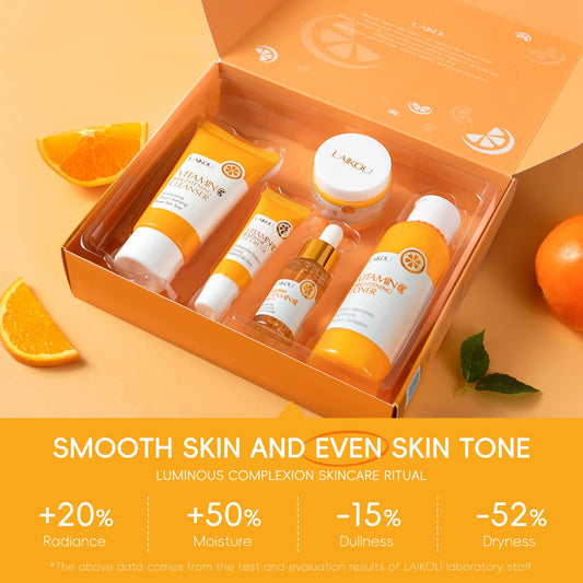 LAIKOU-Ensembles de soins de la peau à la vitamine C, crème pour le visage, nettoyant pour le visage, essence, toner, crème pour les yeux, hydratant, raffermissant, soins pour la peau, 5 pièces par boîte