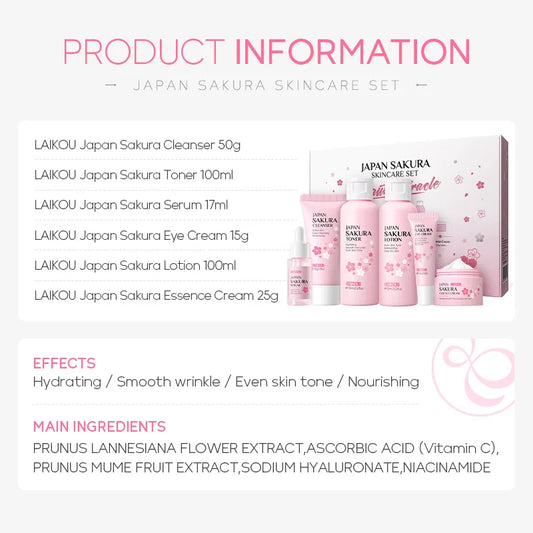 LAIKOU Sakura ensembles de soins de la peau nettoyant pour le visage crèmes pour les yeux crème pour le visage sérum Lotion Toner éclaircissant hydratant Kit de soins du visage