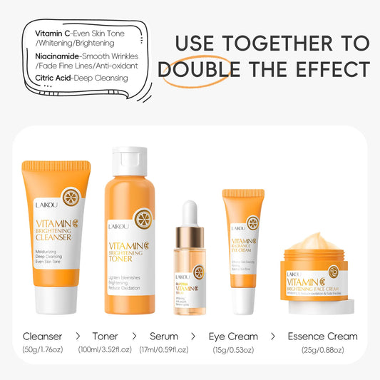 LAIKOU-Ensembles de soins de la peau à la vitamine C, crème pour le visage, nettoyant pour le visage, essence, toner, crème pour les yeux, hydratant, raffermissant, soins pour la peau, 5 pièces par boîte